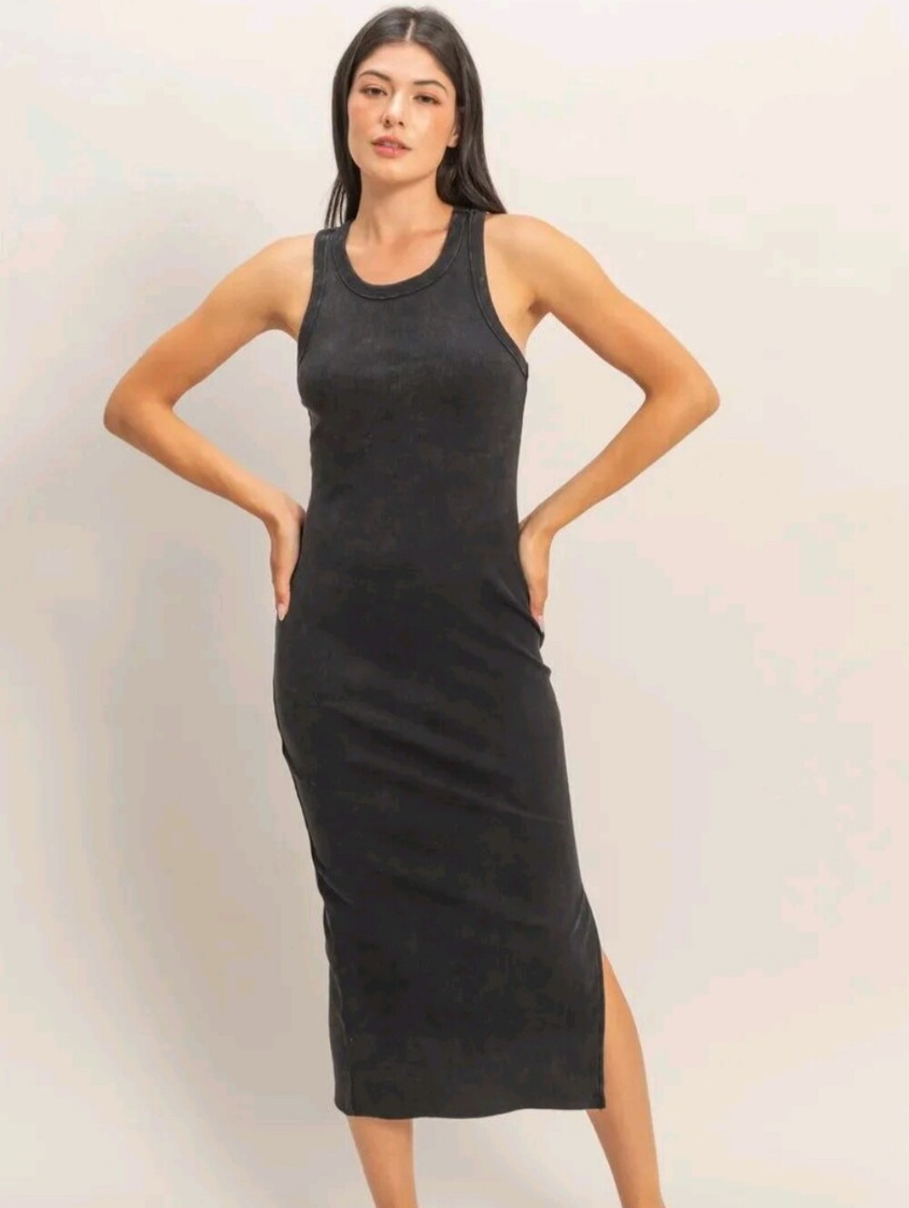 Pink Rose Black Sleeveless Micro Ribbed Midi Tank Dress